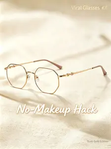 1 Pair Women's Rose Gold Polygon Eyeglasses, Lightweight Metal Frame, for Students & Office Ladies, No-makeup/Commuting/Artistic & Mature Style, Daily Multi-scenario Versatile