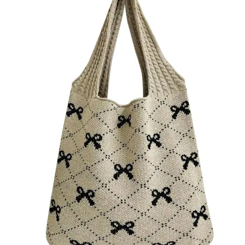 Women's cute crochet handbags beautiful beach bags Y2k bow handbags knitted bags bohemian style shoulder bags Pu Tote Satchel Handcrafted Bag Handmade Bag Casual Trendy Bag Canvas Tote Bags