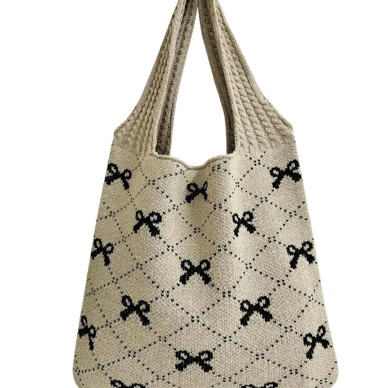 Women's cute crochet handbags beautiful beach bags Y2k bow handbags knitted bags bohemian style shoulder bags Pu Tote Satchel Handcrafted Bag Handmade Bag Casual Trendy Bag Canvas Tote Bags