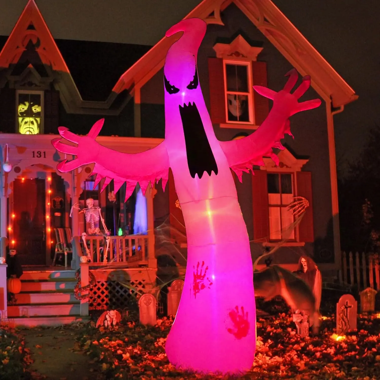 Gardwin 8 FT Halloween Inflatable Ghost Outdoor Decoration, Lighted Blow Up Yard Decor with 4-Color LEDs, Water Weights & Stakes for Front Porch Lawn Garden Party