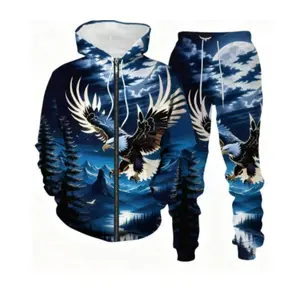 Travel Eagle pattern personalized fashion and comfort men's spring and autumn zipper long-sleeved casual sweatshirt set, suitable for sports and leisure travel