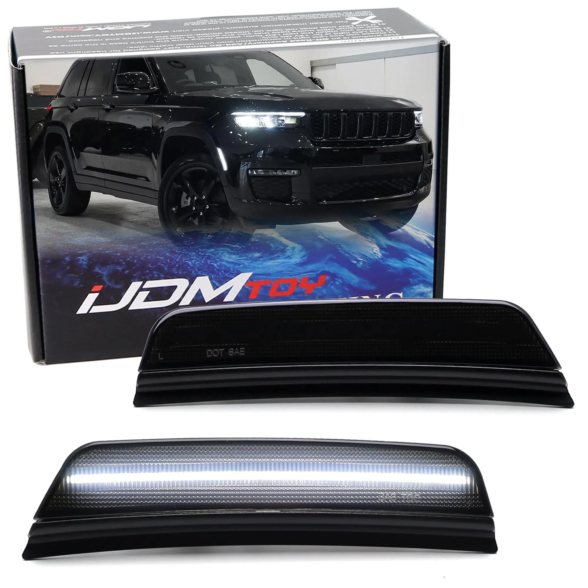 iJDMTOY Black-Out Smoked Lens 36-SMD White Full LED Front Bumper Side Marker Light Kit For Jeep 2021-up Grand Cherokee