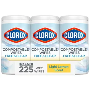 Clorox Free & Clear Compostable Cleaning Wipes, Light Lemon Scent, 75 Count, Pack of 3 (Pack May Vary)