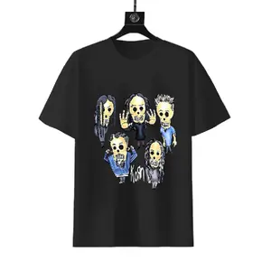 Korn Nu Metal Band Skeleton Cartoon Graphic T-Shirt Vintage Style Cotton Short Sleeve Tee For Music Fans Casual Streetwear