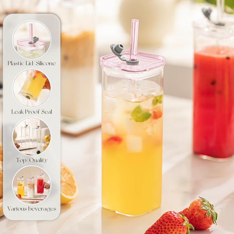 8 Sets Glass Cups with Lids & Straws, Square Ribbed Drinking Glasses with Lids, Clear Highball Tumblers for Cocktail, Coffee, Juice, Beer, Modern Mixed Drinkware Jars