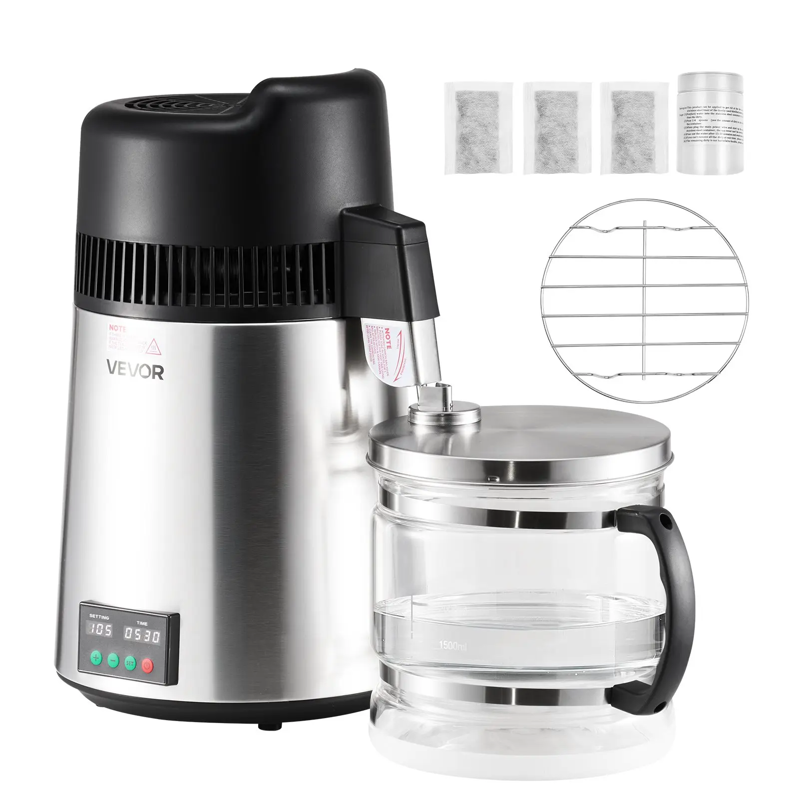 VEVOR 6L/1.6 Gal Water Distiller, 900W Stainless Steel Interior Purifier, Glass Pot Countertop Home Drinking Water Maker, Silver