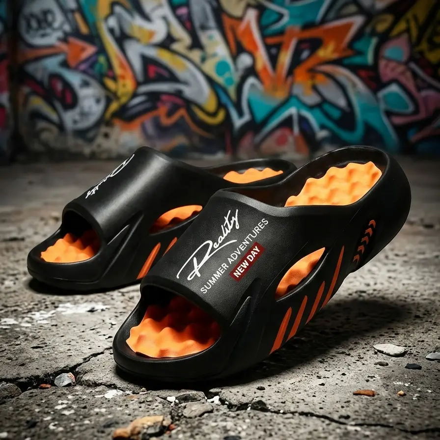 Casual Black Summer Slide Slippers for Men, Simple Design Comfortable Home Slippers, Non-slip Soft Lightweight Slipper for Indoor & Outdoor Wear, Walking Shoes, Footwear, Beach Shoes Slippers