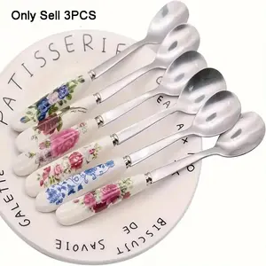 Stainless Steel Spoon with Flower Pattern Ceramic Handle, 3/6 Counts/set Coffee Dessert Spoons Set, Household Kitchenware Utensils for Home Use