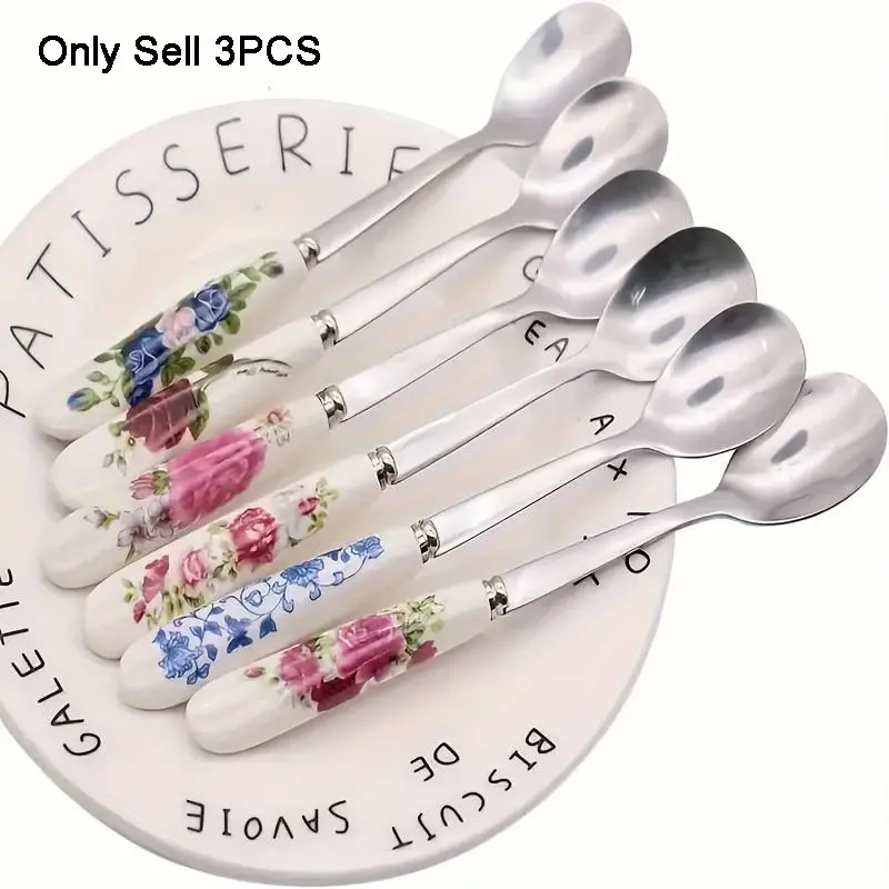 Stainless Steel Spoon with Flower Pattern Ceramic Handle, 3/6 Counts/set Coffee Dessert Spoons Set, Household Kitchenware Utensils for Home Use