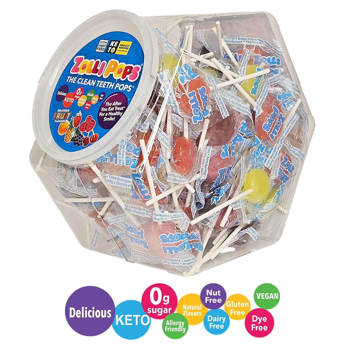 Zollipops® Original Clean Teeth Lollypops, Fruit-Flavored Assorted Candies, Low-Cal Allergy-Friendly Snack, 1.8lb Large Hex-Shape Jar