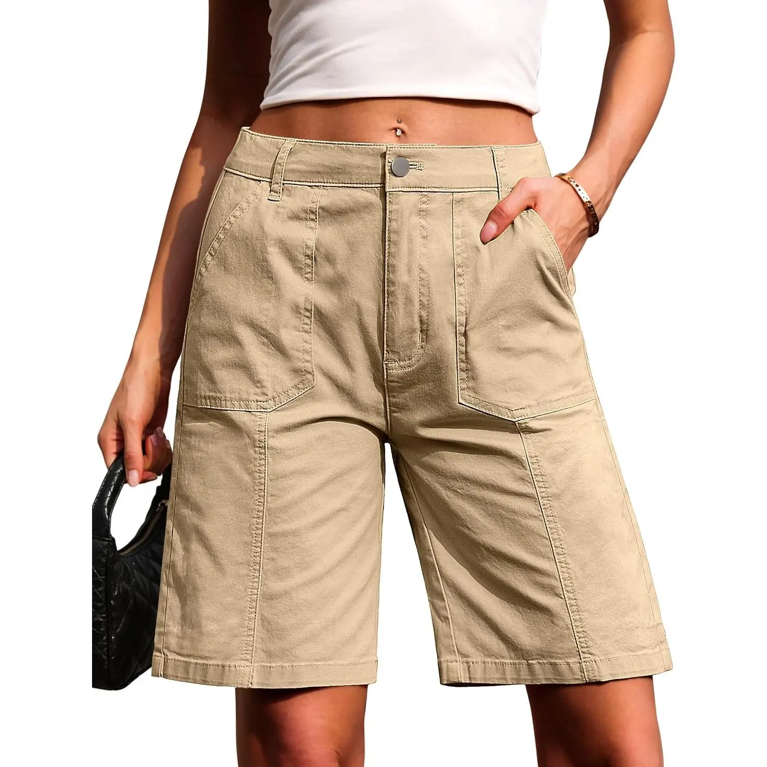 Bermuda Shorts for Women Long Knee Length Jean Shorts Denim Stretchy Cotton Jorts with Pockets Casual Relaxed Fit