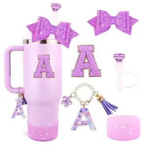 Letter Pattern Silicone Tumbler Accessories Set, 5 Counts/set Including Tumbler Cup Charm, Straw Topper, Bottom Cover, Cup Accessories for Gift
