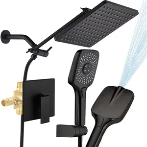 Shower Faucet Set Matte Black Rough-in Anti-Scald  Balanced Valve  Modern Luxury Wall Mounted 10 Inch Rain Mixer Shower System (Matte Black)