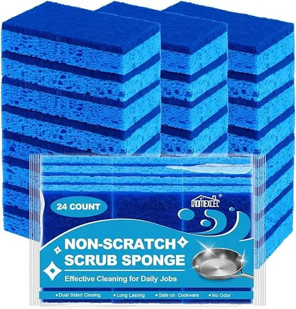 24-Pack Non-Scratch Kitchen Sponges, Dual-Sided Scrub Dish Sponges Safe for Non-Stick Cookware, Ideal for Kitchen, Household, Bathroom & More Cleaning