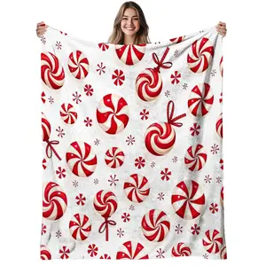 1pc Holiday Candy Print Flannel Blanket - Red & White Striped Candy Cane, Lollipop, White Stars & Red Bow Designs, 280gsm Flannel Texture, Wrinkle Resistant, Multi-Size, Soft Warm Cozy Lounging 1-Piece Throw for Sofa, Bed, Contemporary Holiday Decor