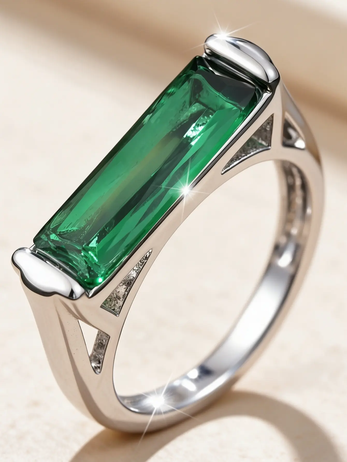 Fashion Luxury Vintage Long Rectangle Green Stone Single Beautiful Rings for Women, Silver Tone Geometric Hollow Statement Band For Men Women, Hostess Daily Wear Eternity Band Boho Jewelry Gift for Her, Fashionable Accessory, glamorous red carpet jewelry
