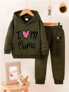 Girls' Fall Winter Fleece Set, I Love My Mama Theme Heart Pattern, Leopard Design, Hooded Sweatshirt & Loose Fit Jogger Pants