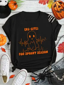 100% Cotton Heartbeat EKG Cited Spooky Cardiac Nurse Ghost Halloween T-Shirt Print Round Neck Short Sleeve Streetwear Fashion Breathable Homme Soft Unisex Designer Clothes For Women Casual Clothes