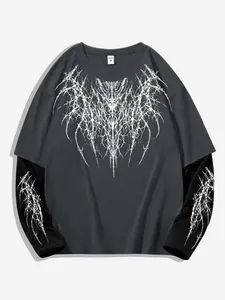 Dark Punk Style Thorn Text Graffiti Patchwork Long Sleeve T-Shirt, High Street Subculture Loose Fit Unisex Top, Casual Geometric Pattern
