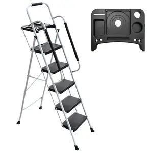 5 Step Ladder with Handrails Folding Step Stool with Tool Plateform, 330 lb Capacity Step Stools for Adults Portable Ladder for Home Kitchen Steel Frame with Non-Slip Wide Pedal, White On-Site