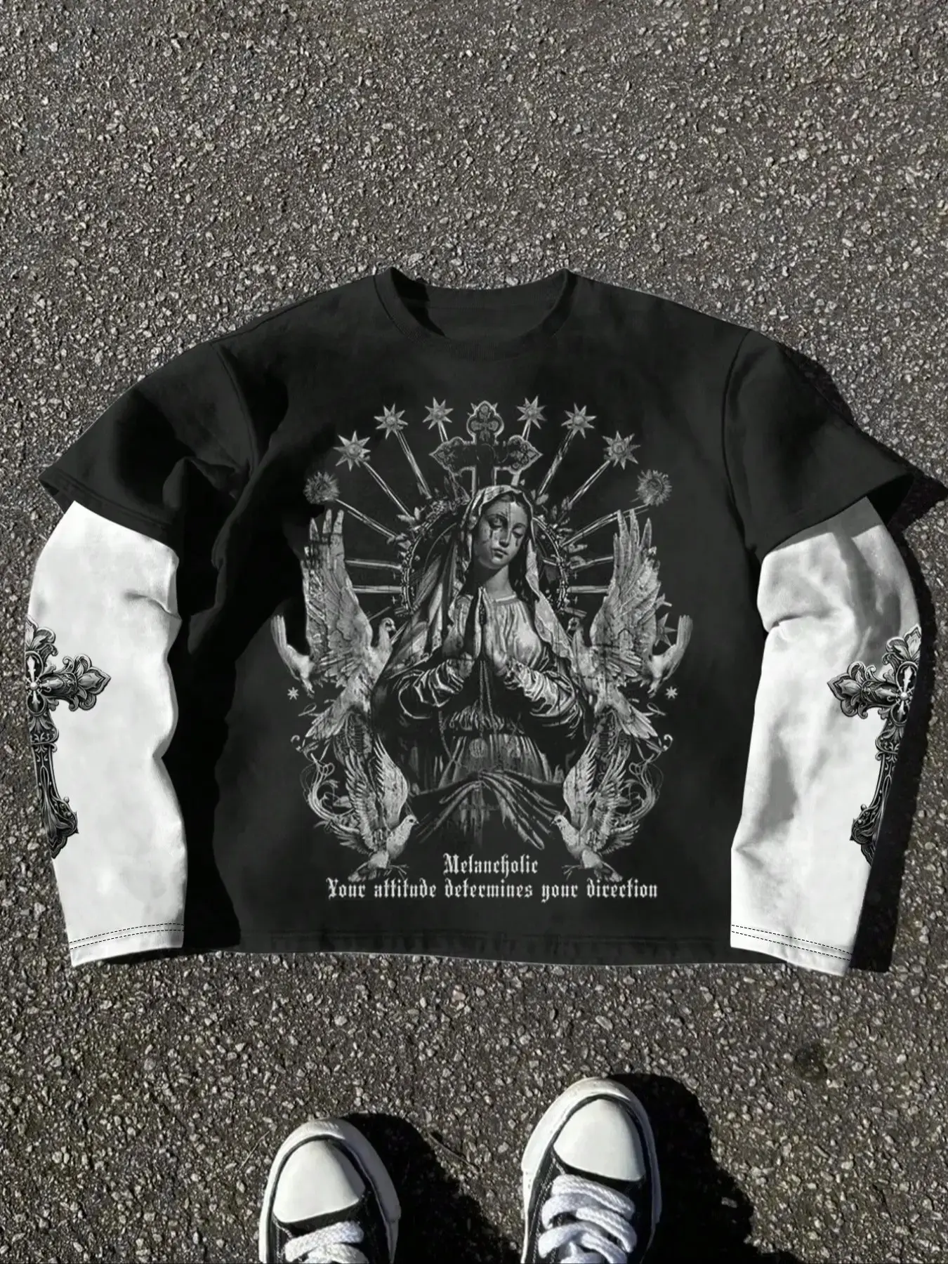 Unisex Long Sleeve Mock Two-Piece Shirt, Y2K Gothic Print, Casual Fashion, Perfect for Daily Wear, Stylish and Comfortable