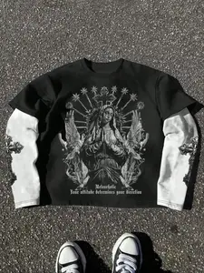 Unisex Long Sleeve Mock Two-Piece Shirt, Y2K Gothic Print, Casual Fashion, Perfect for Daily Wear, Stylish and Comfortable