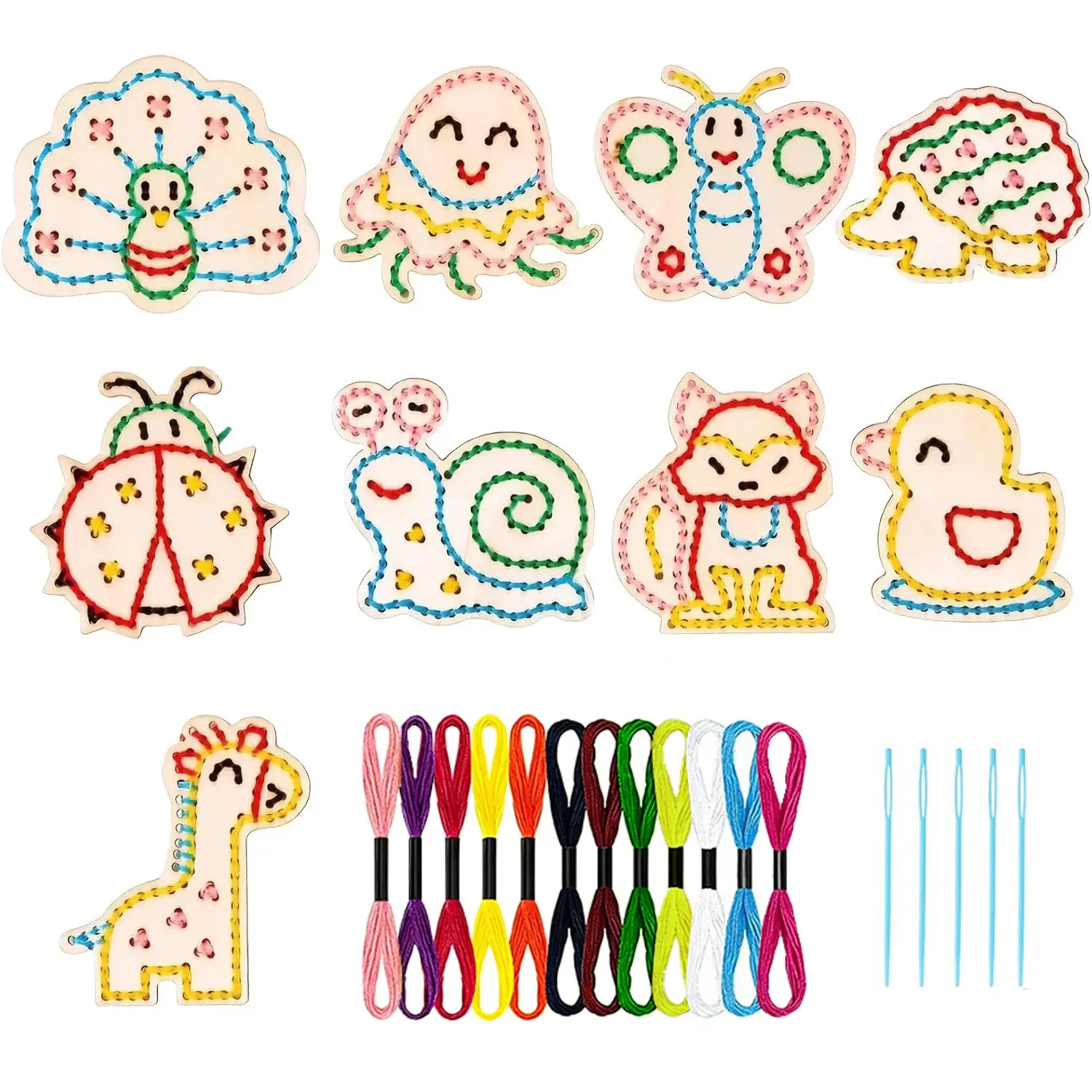24pcs Wooden Animal and Insect Shape Lacing Material Kit, Sew Sew Fun Sewing Set, Children's Fun Sewing DIY Craft Ornaments, Suitable for Classroom Activities and Family DIY Painting Creative Art, Year-Round School Project Gift (1 of Each of 9 Wooden