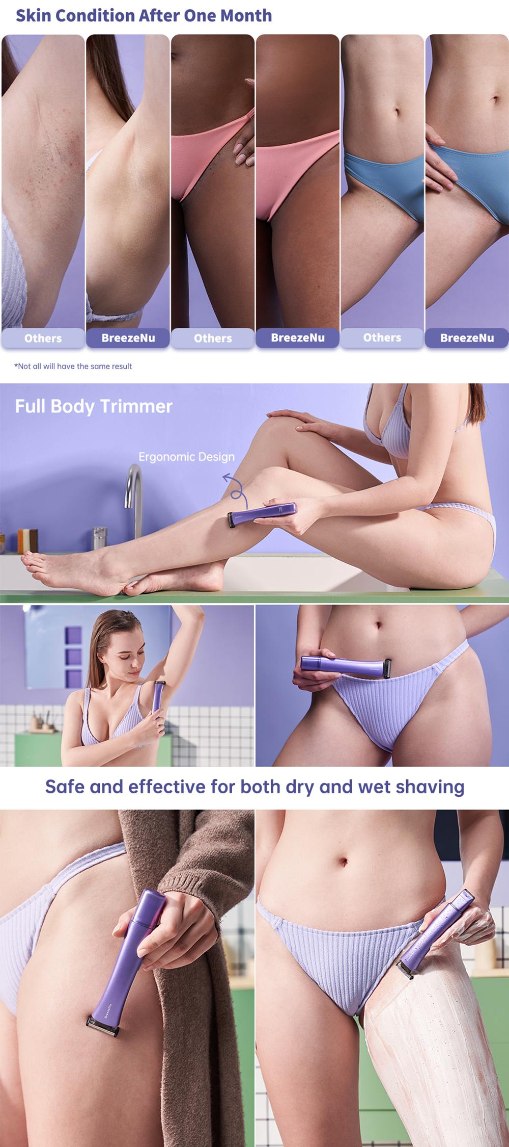 BreezeNu Bikini Trimmer for Women, Electric Shaver and Razor Rechargeable 2-in-1 Body and Facial Epilator, Dual Heads for Painless Trimming of Pubic Hair, Face, Underarms and Legs, Waterproof IPX7 Wet & Dry Use, Summer Self Care Gift