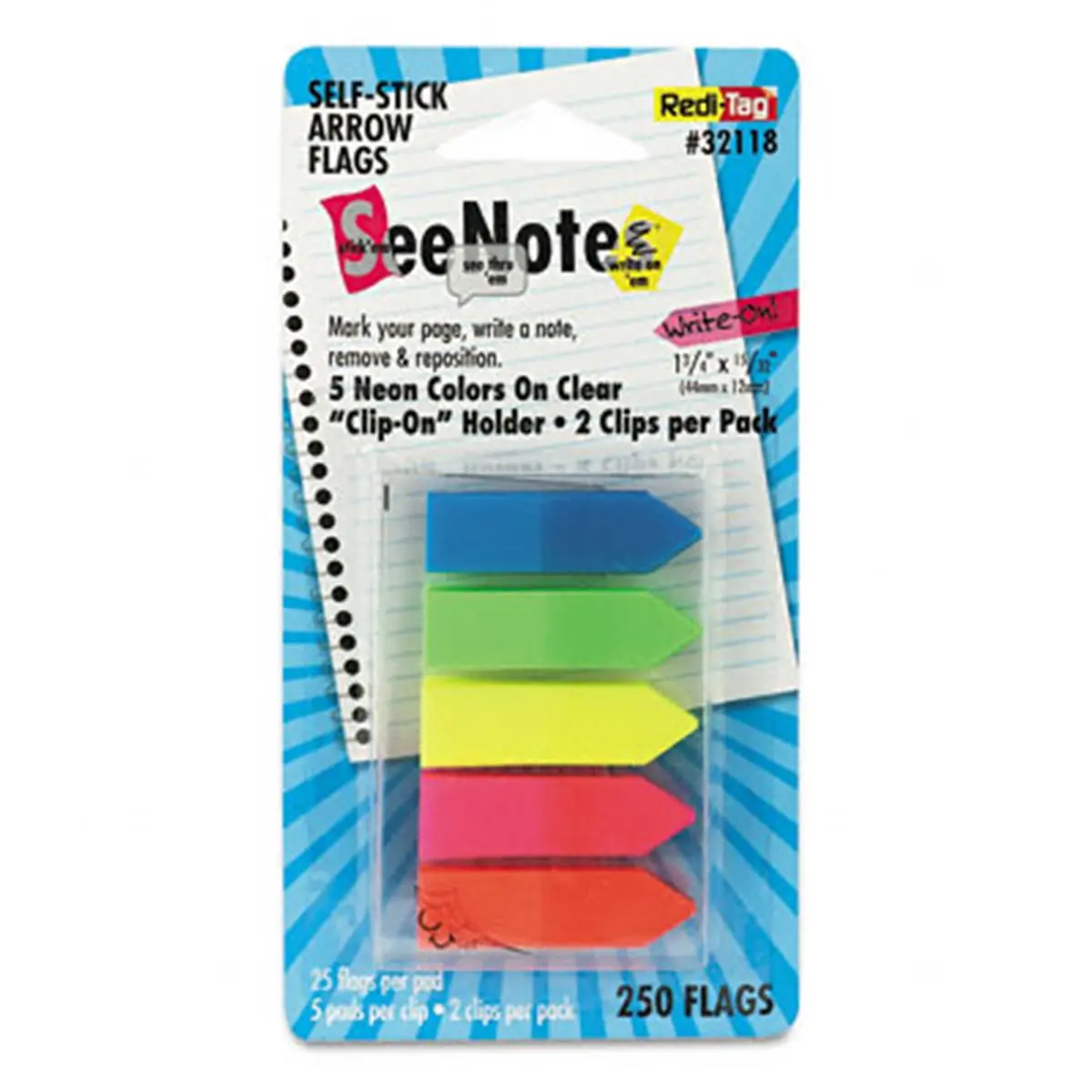 Redi-Tag 32118 SeeNotes Clip-On Transparent Film Arrow Flags, 1-3/4" x 1-5/32" Assorted Colors, 5 Pads (250 Flags Total), Convenient Design for Office Page Marking, Note-Taking, Labeling & Attention-Grabbing