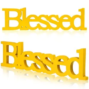 Blessed Letter Table Sign Blessed Standing Letter Table Sign Rustic Wooden Home Standing Decor for Wedding Graduation Party Baby Shower First Communion Christening Decorations(Yellow)