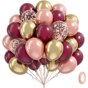 60pcs Burgundy and gold Balloons 12inch with Maroon Pearl Rose Gold Confetti Metallic Gold Balloons for Wedding Bridal Shower Anniversary Birthday Party Decorations