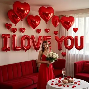 I Love You Heart Balloon Set, 16 Inch Banner + 18 Inch Aluminum Foil Balloon, Wedding Proposal Anniversary Valentine's Day Decorations, Heart Shaped Balloons