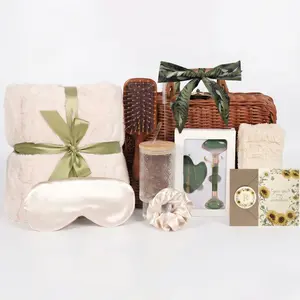 Luxury Vintage Self-Care Gift Basket for Women for Mom, Relaxing Spa Care Package with Plush Blanket, Jade Roller & Gua Sha, Glass Tumbler, Silk Eye Mask, Birthday Gifts for Women, Wife, Sister, Best Friend
