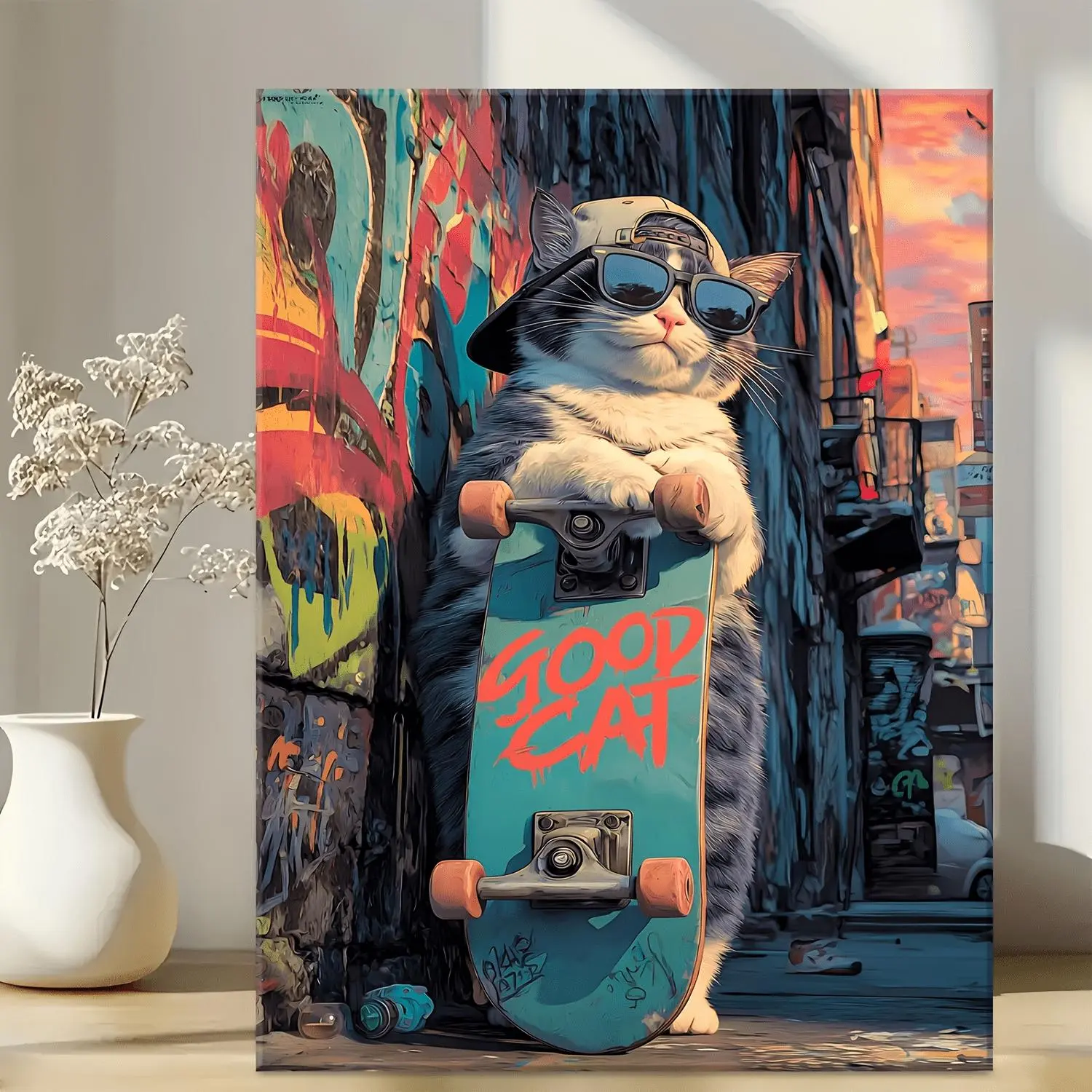 2D Flat Wall Arts Framed Canvas Poster Home Decor Painting Mural Featuring Graffiti Street Art with a Cat Holding a Skateboard Ideal for Bedrooms Living Rooms Offices and Indoor Wall Art Creative Gift