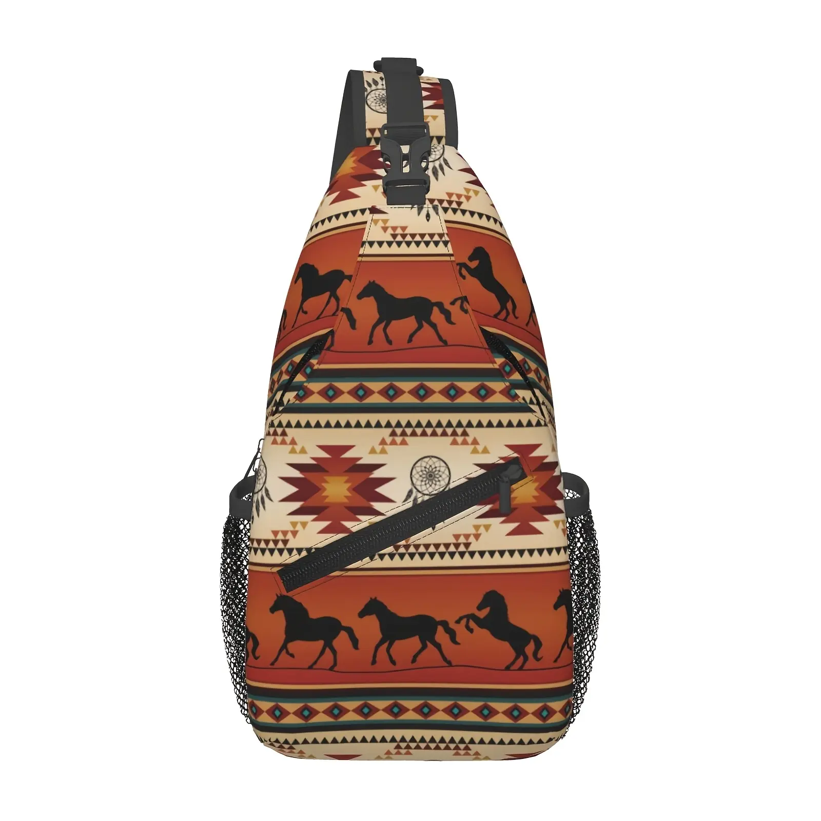 [Made in US] Crossbody Chest Bag Hiking, Western Tribal Horse Print Shoulder Bag Folding, Large Capacity, Fashion Durable Can Be Used for Shopping, Work, Leisure Beach Bag Fishing Backpack