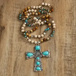 Boho-Chic Turquoise Cross Necklace with Multicolor Natural Stones - Vintage Ethnic Style, Perfect for Daily Wear & Gifting