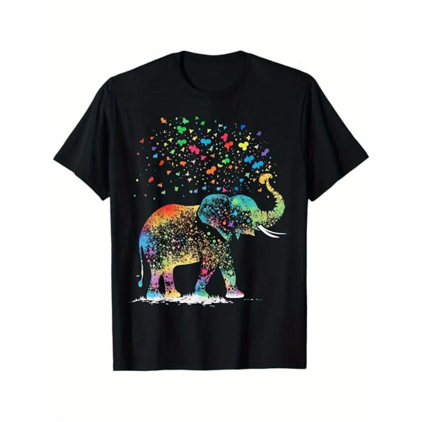 Men's 100% Cotton Short-Sleeve Casual T-Shirt - Round Neck, Vibrant Elephant Graphic Top, Comfortable Casual Wear, Travel-Friendly Sports & Outdoor Apparel, Shortsleeve, Tshirt, Unisex Fit, Vibrant Print