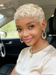 Human Hair Wig Short Pixie Cut , Layered White Wig Natural Look  for Women