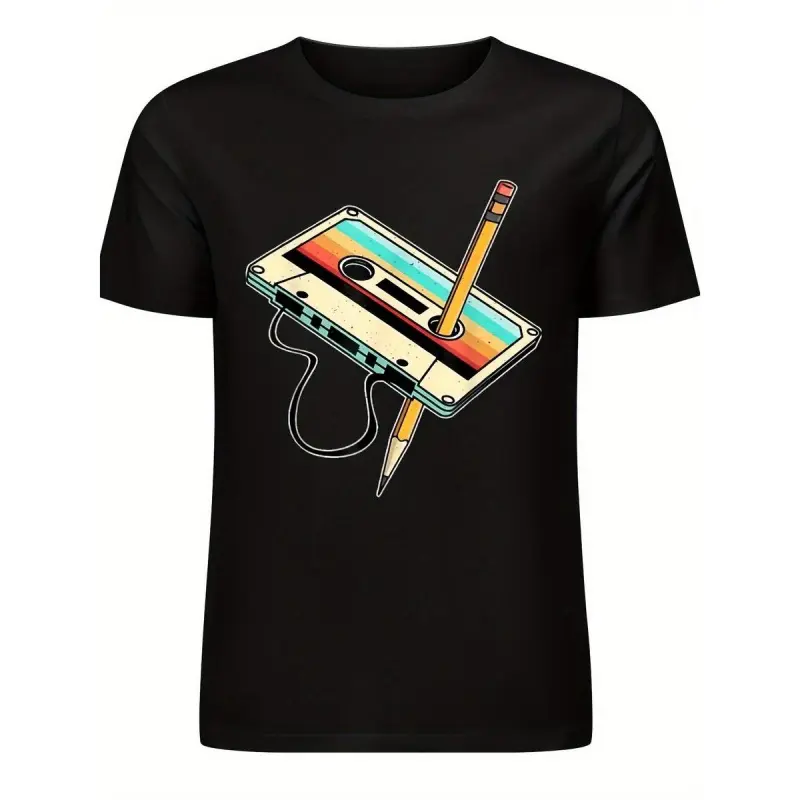 Women's Pure Cotton Graphic T-Shirt with 80s Retro Cassette Tape Print, Fitted Round Neck Casual Streetwear Breathable Tee