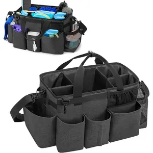 Wearable Cleaning  Bag with 4 Foldable Dividers, Cleaning  Organizer with  Strap and Side Handles for Cleaners & Housekeepers, Black