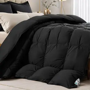 Pinch Pleat Goose Down Feather Fiber Comforter Full/Queen Size, Breathable Fluffy Black Duvet Insert with Cotton Fabric, 750+Fill Power All Season Hotel-Quality Bed Comforter 90" x 90"