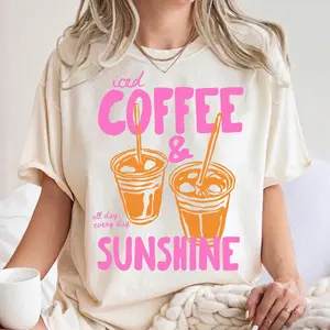 Comfort Colors Iced Coffee and Sunshine T Shirt – Vintage Summer Vibes Coffee Lover Tee – Cute Aesthetic Graphic Shirt – Unisex Casual Cotton Tee Gift