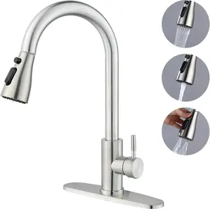 Kitchen Faucet with Pull Down Sprayer, Brushed Nickel | High Arc Single Handle, 360° Swivel, Stainless Steel, 1 or 3 Hole Deck Mount- Deck Plate Included(Scrape-Model)
