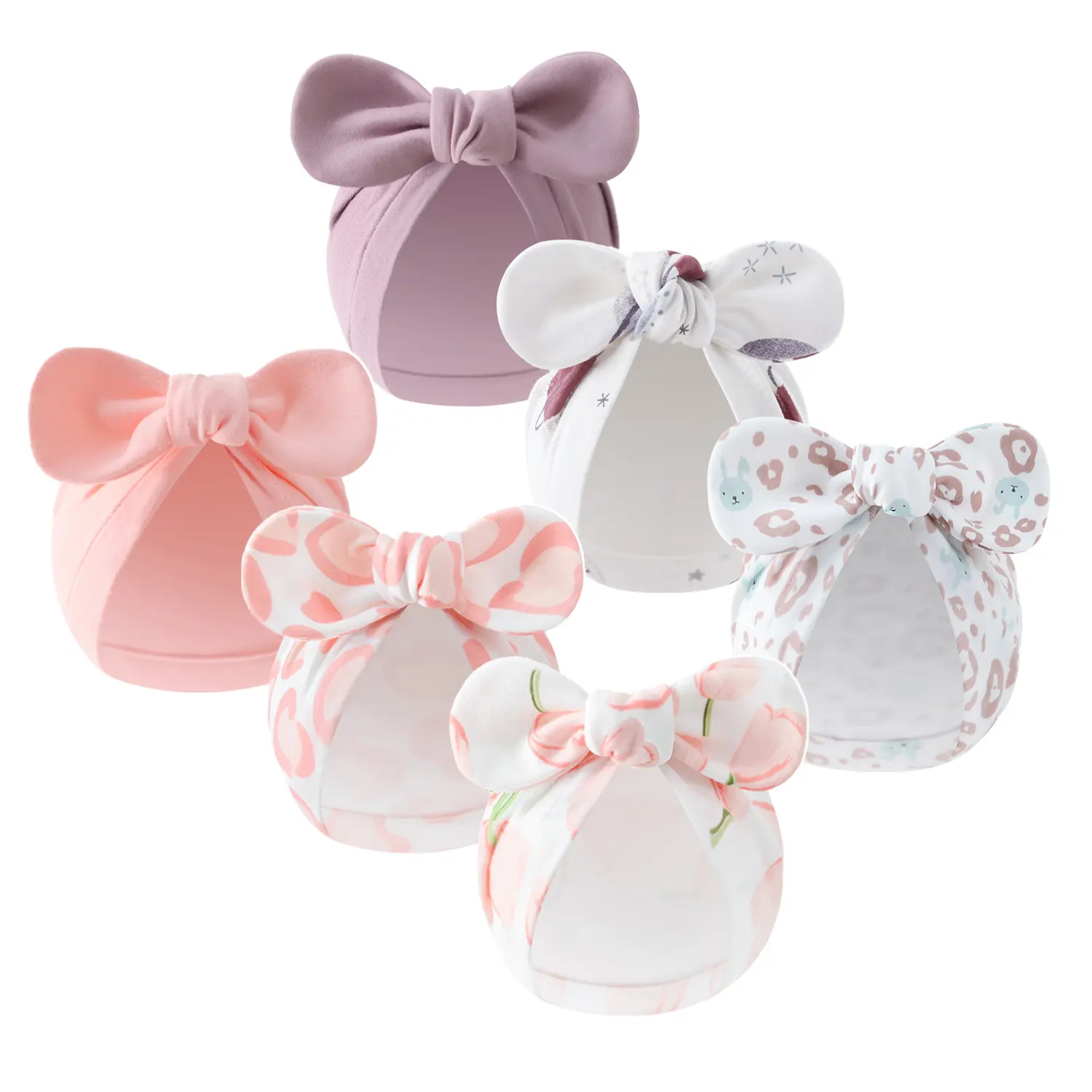 Set of 6 Cute Baby Bow Hats - Soft pastels and floral patterns, breathable warm winter hats for all seasons for girls, comfortable fit, wedding and everyday accessories, with elegant bow closure, available in multiple colors Newborn Baby Turban Hats Set B
