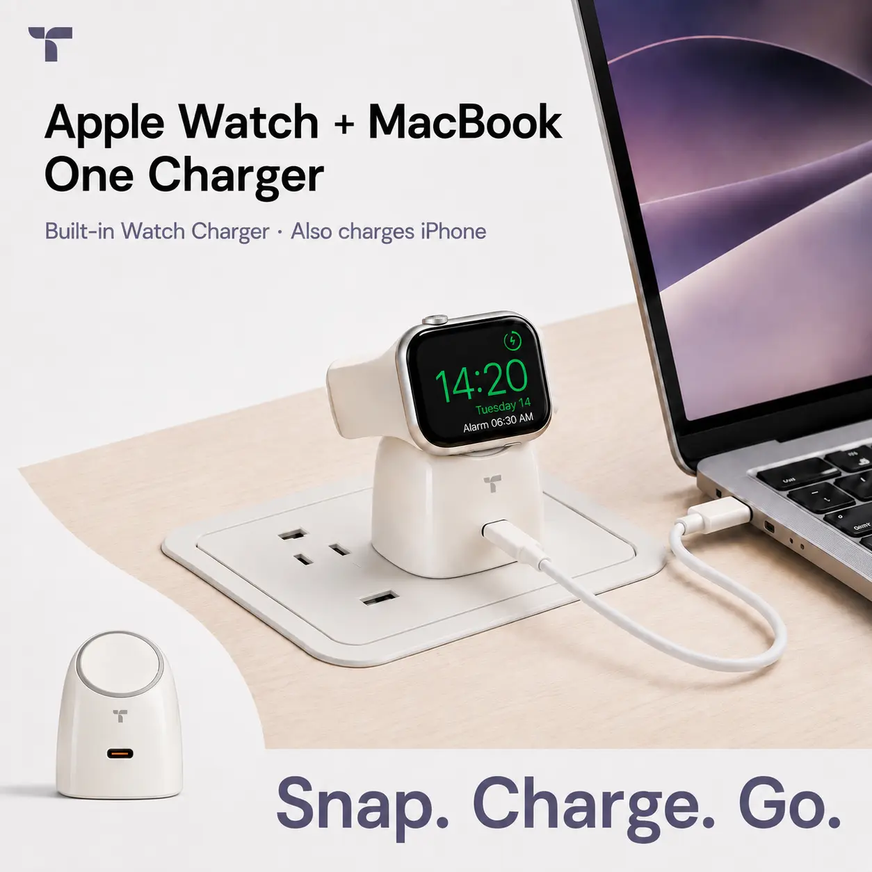 TORRAS Flasheye 45W 2-in-1 Charger for Apple Watch & iPhone17 16 15 14 13Pro Max, Snap-On Magnetic Charging, 45W USB-C PD Fast Charging for iPhone, iPad & MacBook, travel, Compact Cute Desk Charger, Foldable Plug, Travel Friendly,Minimal