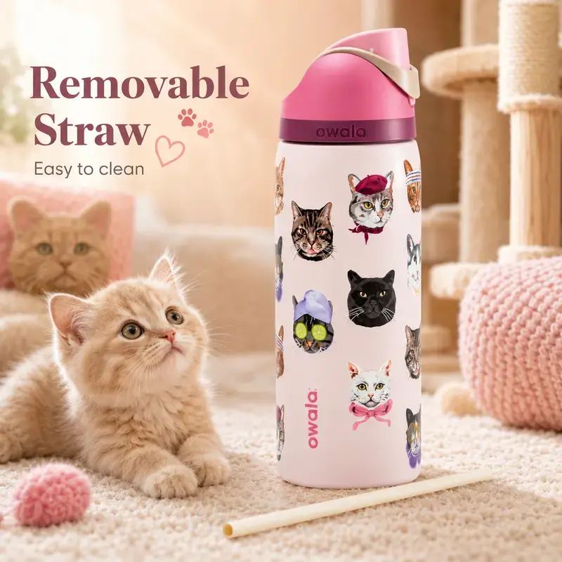 Owala Cute Cat Print 32oz Stainless Steel Water Bottle, Double-Wall Insulated Reusable Bottle with Leakproof Lid for Everyday Use