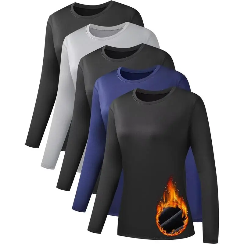 5 Pack Long Sleeve Thermal Shirts Women Ultra Soft Fleece-Lined Crew Neck Workout Baselayer Tops