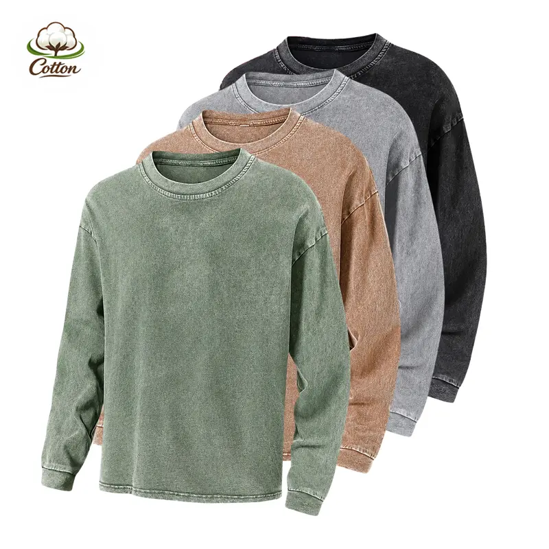 4-pack men’s acid-wash, washed 100% cotton long-sleeve T-shirts with a small crew neck and loose fit; unisex design suitable for home, work, and athletic wear.,back to school,back to school shopping