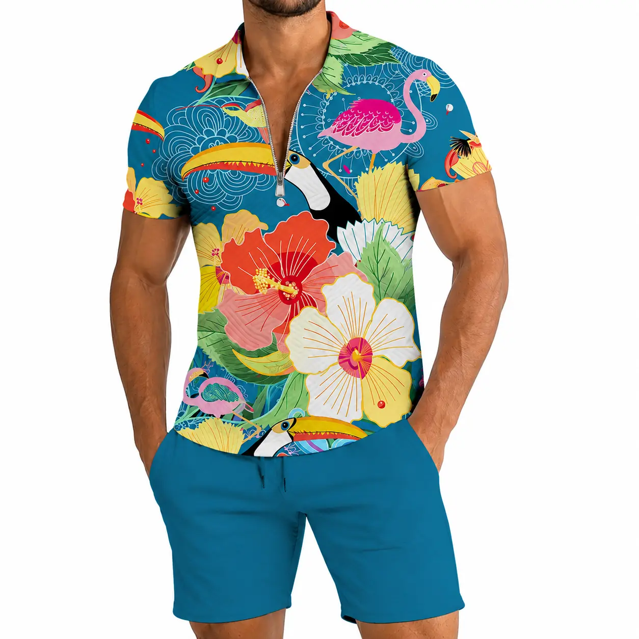 Men's Tropical Print 2 Piece Outfit, Flamingo Hawaiian Short Sleeve Shirt with Matching Shorts, Colorful Floral Beach Vacation Casual Set for Men, Summer Holiday Apparel