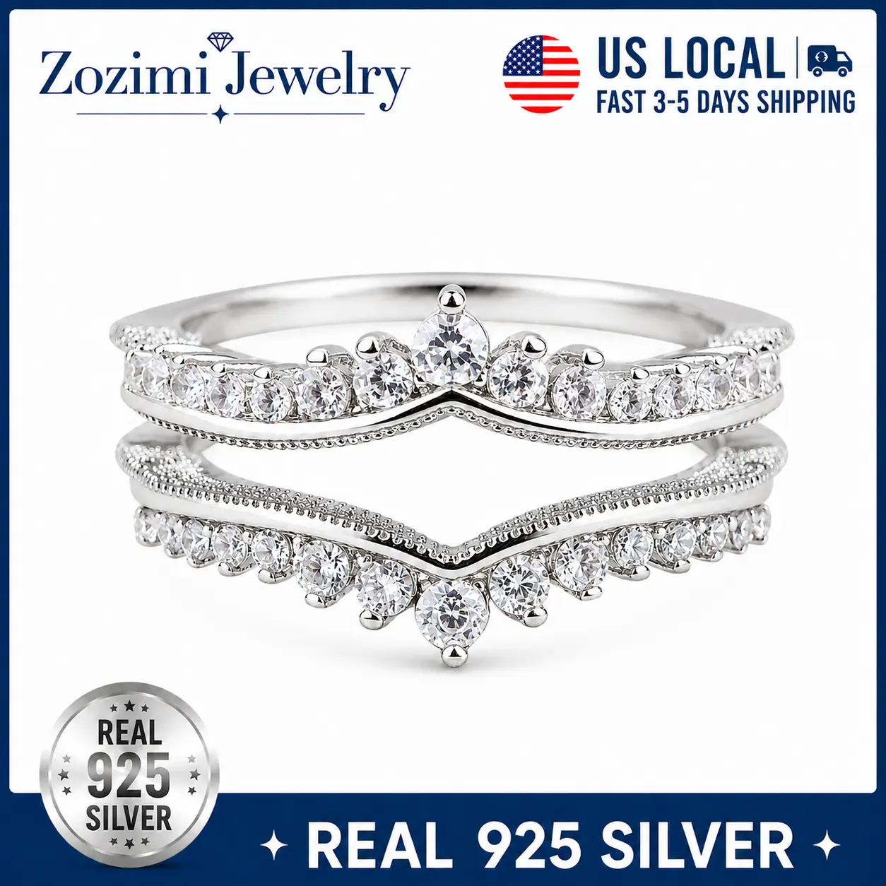 S925 Sterling Silver Curved V Shape Stackable Ring Set Matching Crown Paved Round Cubic Zirconia Milgrain Edge Wedding Band Bridal Promise Stacking Rings Jewelry Gift For Bride Anniversary Valentine